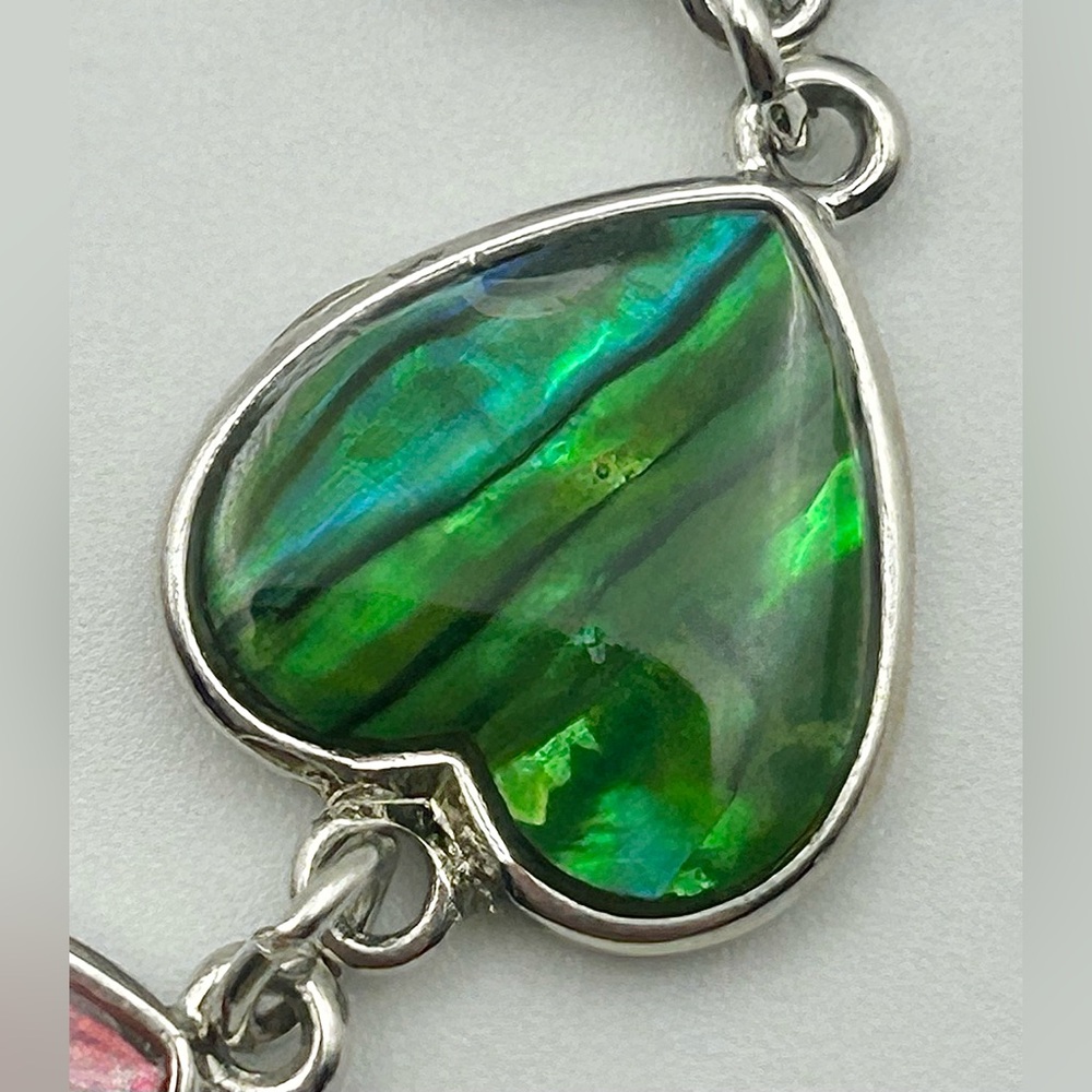 Multicolor Heart Link Silver Tone Bracelet with Abalone Inlay - Picture 8 of 13